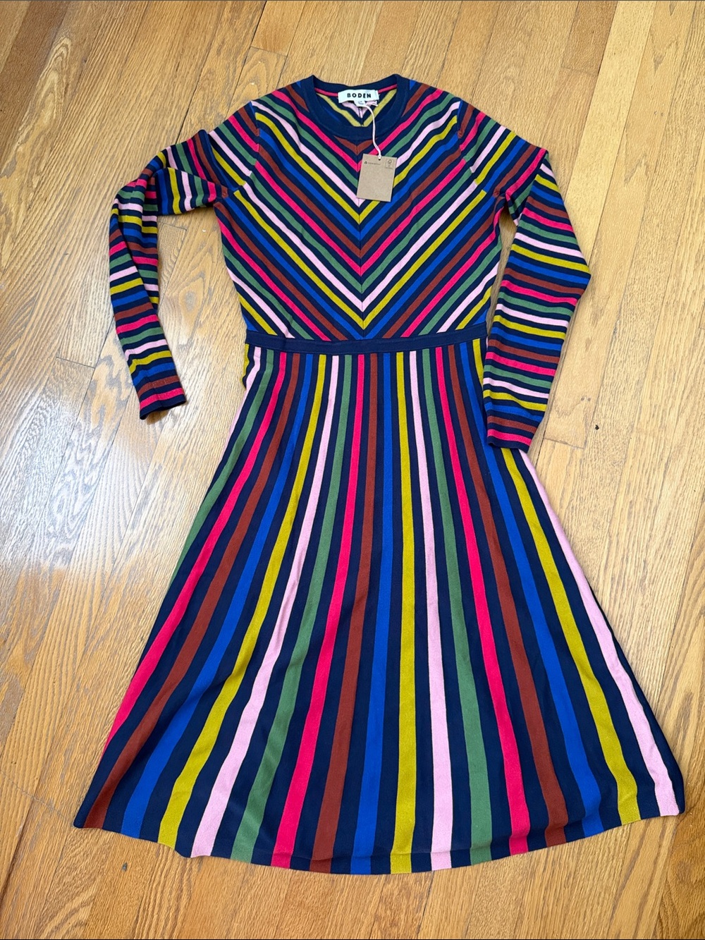 Boden Rainbow Stripe Long‑Sleeve Midi Sweater Dress